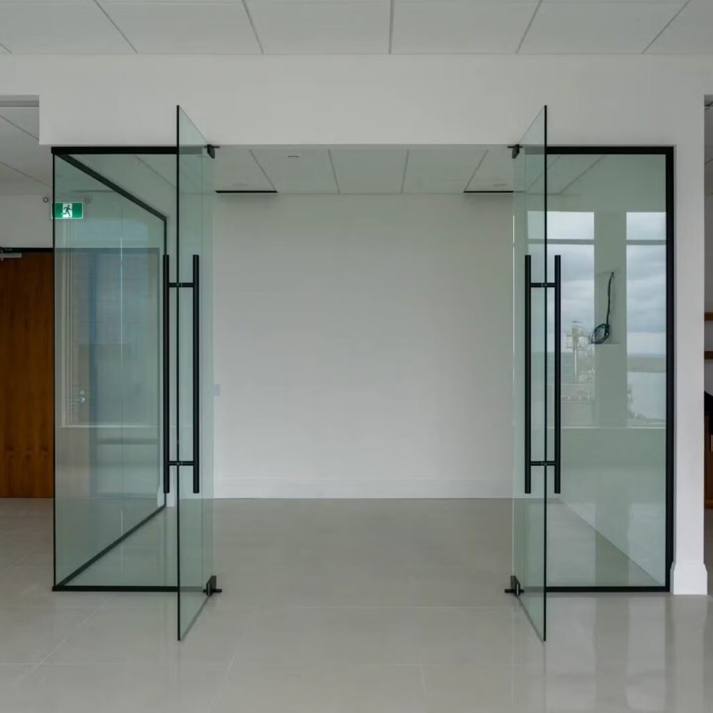 Frameless glass office partition double doors