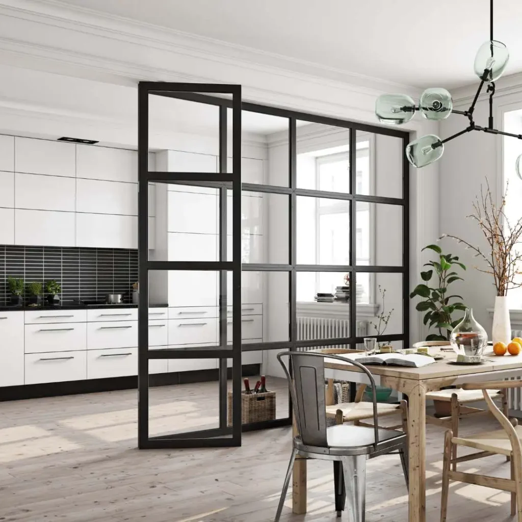Industrial framed glass partition in kitchen