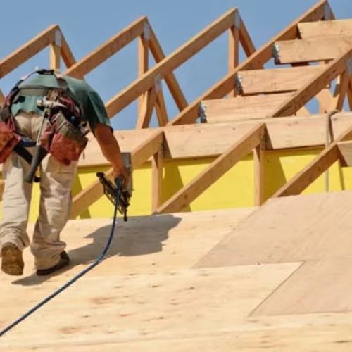 Carpenter installing plywood roof sheathing