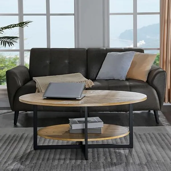 Solid Wood Oval 2-Tier Industrial Center Table with Storage Shelves 2 Solid Wood Oval 2-Tier Industrial Center Table with Storage Shelves
