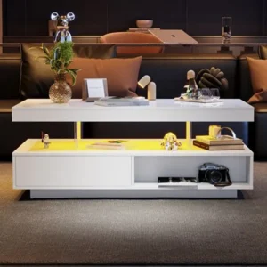 White High Gloss LED Center Table with 2 Drawer Storage