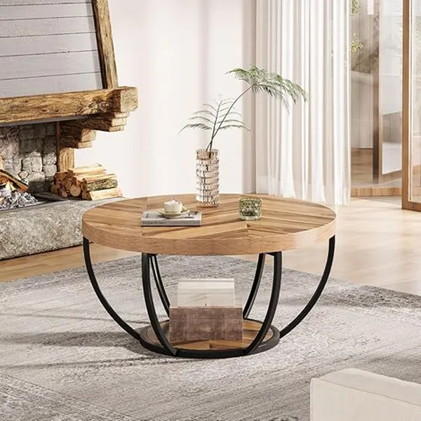 80cm Round Industrial Wooden Center Table with Storage 4 80cm Round Industrial Wooden Center Table with Storage