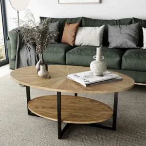 Solid Wood Oval 2-Tier Industrial Center Table with Storage Shelves