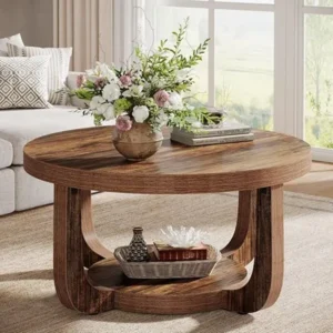 Round Rustic Brown 2-Tier Wooden Center Table with Storage