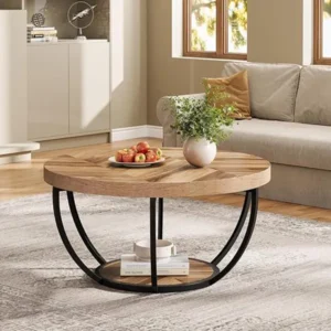 80cm Round Industrial Wooden Center Table with Storage