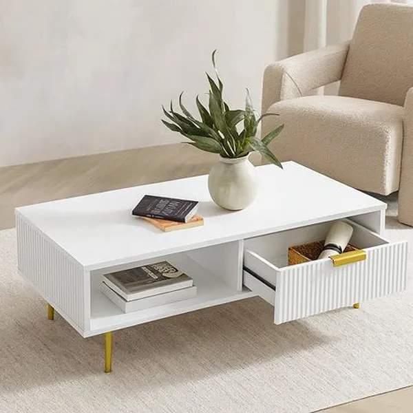 Modern White Center Table with Storage and Gold Metal Legs 1 Modern White Center Table with Storage and Gold Metal Legs