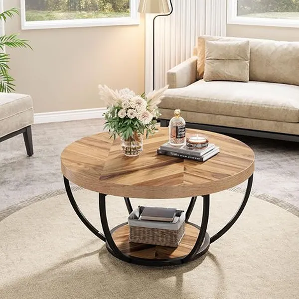 80cm Round Industrial Wooden Center Table with Storage 3 80cm Round Industrial Wooden Center Table with Storage