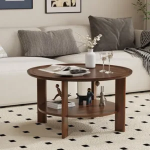 Dark Cherry Red Round Farmhouse Center Table with Storage