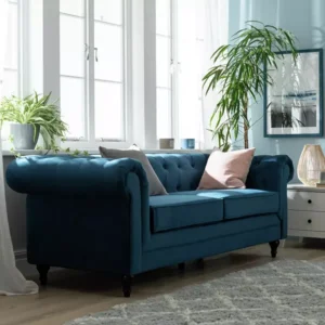 Chesterfield Blue Velvet Three-Seater Sofa