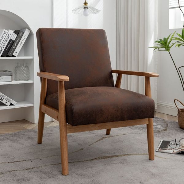 Brown upholstered wooden armchair