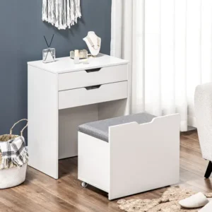 White Flip-Up Mirror Dressing Table with Storage Stool
