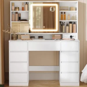 White LED Mirror Vanity Dressing Table with Power Outlets
