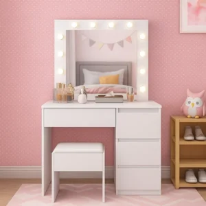 White LED Vanity Dressing Table with Mirror & Stool