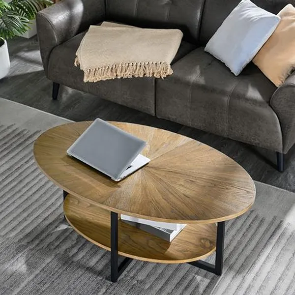 Solid Wood Oval 2-Tier Industrial Center Table with Storage Shelves 3 Solid Wood Oval 2-Tier Industrial Center Table with Storage Shelves