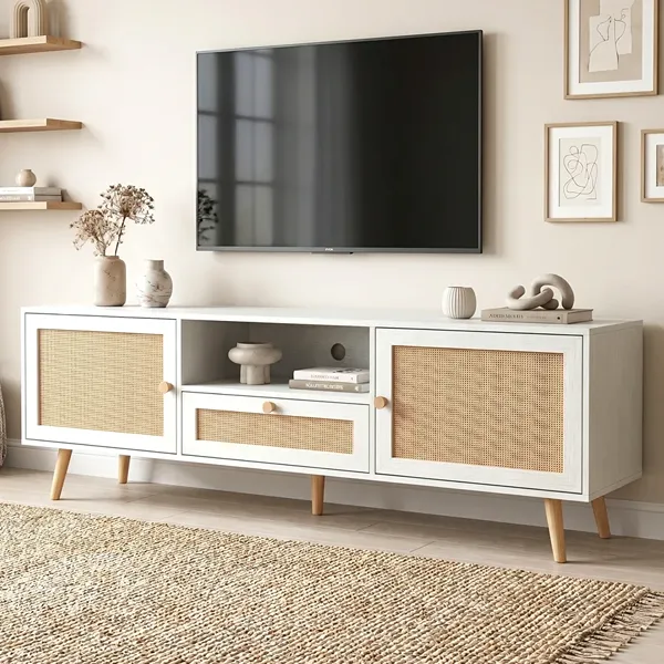 Wovena White Rattan 2-Door TV Unit with Storage 1 Wovena White Rattan 2-Door TV Unit with Storage